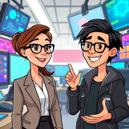 An animated scene featuring a female administrator with brown hair and glasses, standing next to a male electronic engineer with black hair who is not wearing glasses