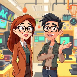 An animated scene featuring a female administrator with brown hair and glasses, standing next to a male electronic engineer with black hair who is not wearing glasses