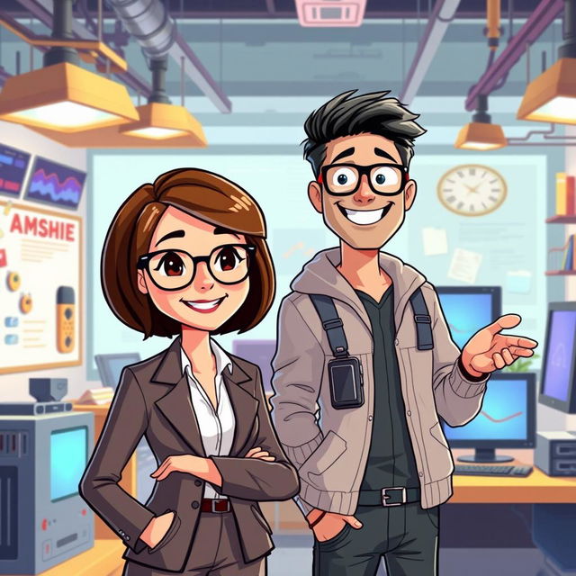 An animated scene featuring a female administrator with brown hair and glasses, standing next to a male electronic engineer with black hair who is not wearing glasses