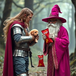 A medieval knight with long flowing hair, clad in shiny armor and grey jeans, holding a cute puppy in his arms as he bravely confronts a whimsical white-bearded wizard