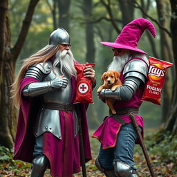 A medieval knight with long flowing hair, clad in shiny armor and grey jeans, holding a cute puppy in his arms as he bravely confronts a whimsical white-bearded wizard