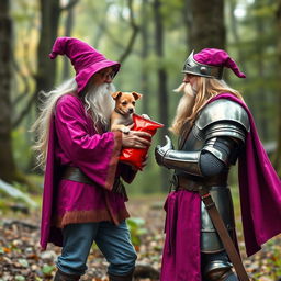 A medieval knight with long flowing hair, clad in shiny armor and grey jeans, holding a cute puppy in his arms as he bravely confronts a whimsical white-bearded wizard