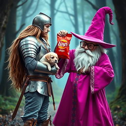 A medieval knight with long flowing hair, clad in shiny armor and grey jeans, holding a cute puppy in his arms as he bravely confronts a whimsical white-bearded wizard