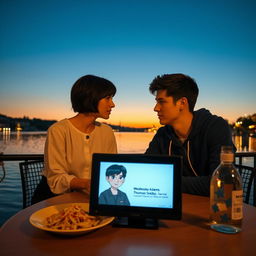A young man and woman dining at a table by a serene lake in Rome, watching the sunset