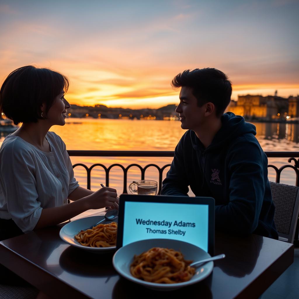 A young man and woman dining at a table by a serene lake in Rome, watching the sunset