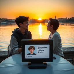 A young man and woman dining at a table by a serene lake in Rome, watching the sunset