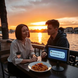 A young man and woman dining at a table by a serene lake in Rome, watching the sunset
