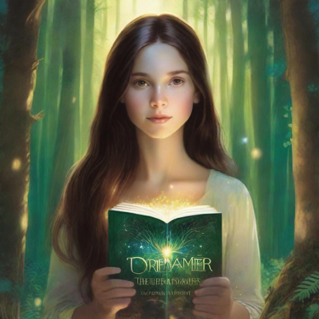 A high-definition artistic rendering features a girl with long brown hair in a forest setting, holding a book and encircled by a luminous ring of light