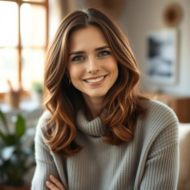A woman aged between 30 to 45 years old with chestnut brown hair and a European appearance, wearing a stylish sweater