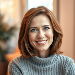 A woman aged between 30 to 45 years old with chestnut brown hair and a European appearance, wearing a stylish sweater