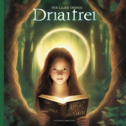 A high-definition artistic rendering features a girl with long brown hair in a forest setting, holding a book and encircled by a luminous ring of light