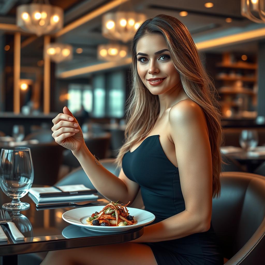 An elegant and sexy woman dining in a modern upscale restaurant