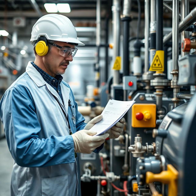 An image of a technician in a chemical company, wearing safety gear such as goggles, gloves, and a lab coat, actively reviewing and verifying the safety of equipment