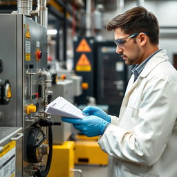 An image of a technician in a chemical company, wearing safety gear such as goggles, gloves, and a lab coat, actively reviewing and verifying the safety of equipment