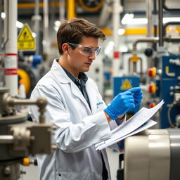 An image of a technician in a chemical company, wearing safety gear such as goggles, gloves, and a lab coat, actively reviewing and verifying the safety of equipment