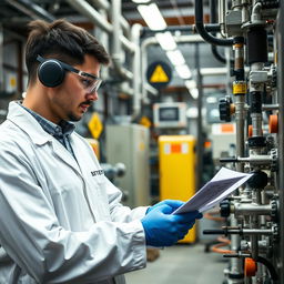An image of a technician in a chemical company, wearing safety gear such as goggles, gloves, and a lab coat, actively reviewing and verifying the safety of equipment