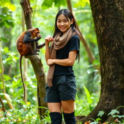 A beautiful young Asian woman wearing a black t-shirt, shorts, and boots, with a scarf wrapped around her neck, standing in a forest setting by a large tree