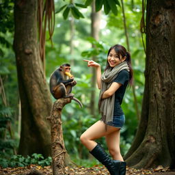 A beautiful young Asian woman wearing a black t-shirt, shorts, and boots, with a scarf wrapped around her neck, standing in a forest setting by a large tree