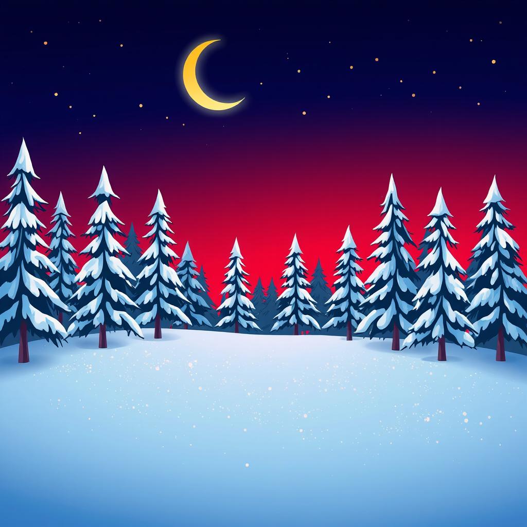 A peaceful, cartoonish snowy forest at night, featuring tall pine trees dusted with snow under a clear, starry sky