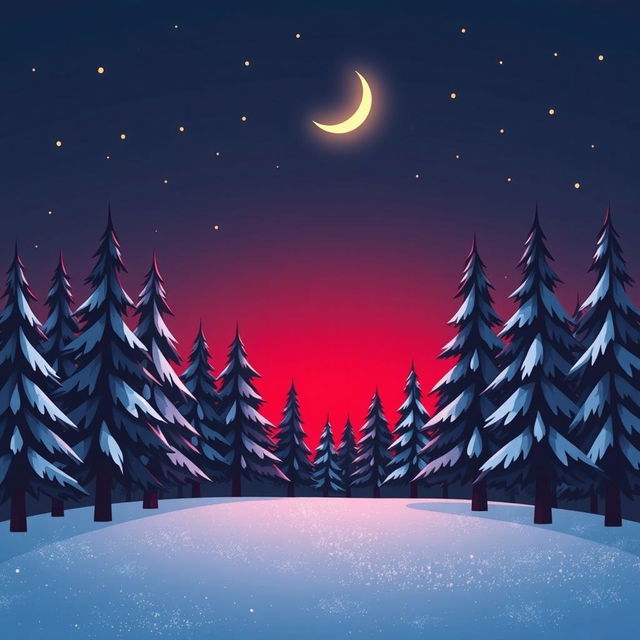 A peaceful, cartoonish snowy forest at night, featuring tall pine trees dusted with snow under a clear, starry sky