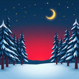 A peaceful, cartoonish snowy forest at night, featuring tall pine trees dusted with snow under a clear, starry sky