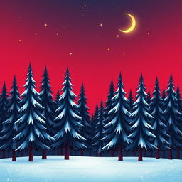 A peaceful, cartoonish snowy forest at night, featuring tall pine trees dusted with snow under a clear, starry sky