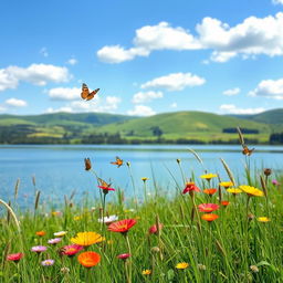A serene summer landscape featuring a picturesque meadow with wildflowers in vibrant colors, a clear blue sky dotted with soft white clouds, and a calm lake reflecting the sunlight