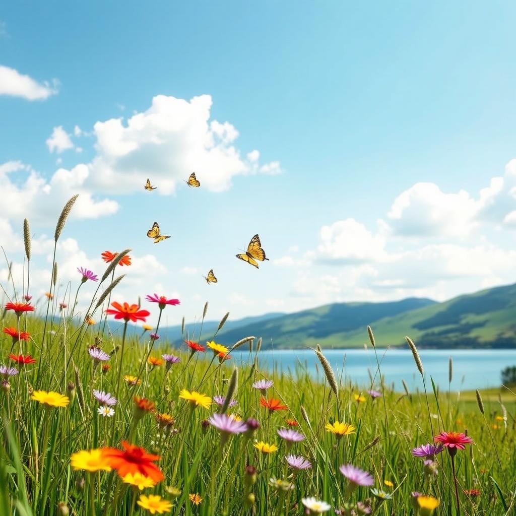 A serene summer landscape featuring a picturesque meadow with wildflowers in vibrant colors, a clear blue sky dotted with soft white clouds, and a calm lake reflecting the sunlight