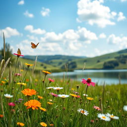 A serene summer landscape featuring a picturesque meadow with wildflowers in vibrant colors, a clear blue sky dotted with soft white clouds, and a calm lake reflecting the sunlight