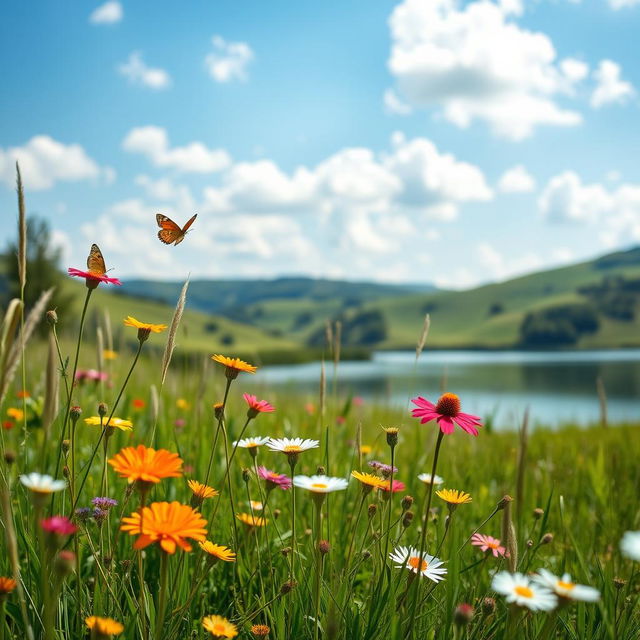 A serene summer landscape featuring a picturesque meadow with wildflowers in vibrant colors, a clear blue sky dotted with soft white clouds, and a calm lake reflecting the sunlight