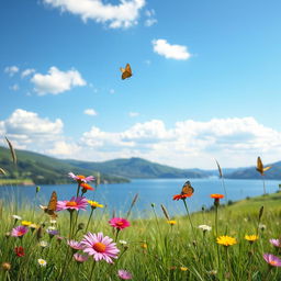 A serene summer landscape featuring a picturesque meadow with wildflowers in vibrant colors, a clear blue sky dotted with soft white clouds, and a calm lake reflecting the sunlight