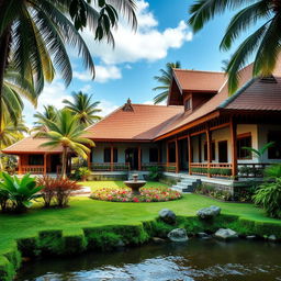 A beautiful traditional home in Kerala, India, showcasing the distinctive architecture with sloping tiled roofs, wooden pillars, and intricate carvings