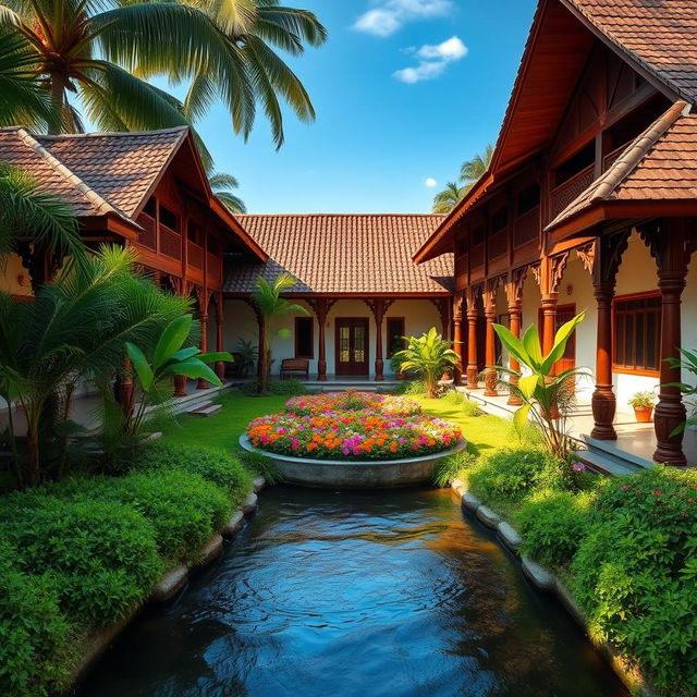 A beautiful traditional home in Kerala, India, showcasing the distinctive architecture with sloping tiled roofs, wooden pillars, and intricate carvings