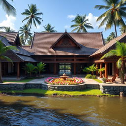 A beautiful traditional home in Kerala, India, showcasing the distinctive architecture with sloping tiled roofs, wooden pillars, and intricate carvings