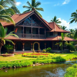 A beautiful traditional home in Kerala, India, showcasing the distinctive architecture with sloping tiled roofs, wooden pillars, and intricate carvings