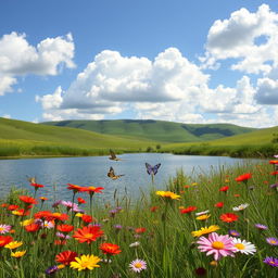 A serene summer landscape featuring a picturesque meadow filled with vibrant wildflowers in shades of red, yellow, and purple, under a clear blue sky scattered with fluffy white clouds