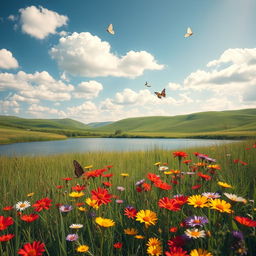 A serene summer landscape featuring a picturesque meadow filled with vibrant wildflowers in shades of red, yellow, and purple, under a clear blue sky scattered with fluffy white clouds
