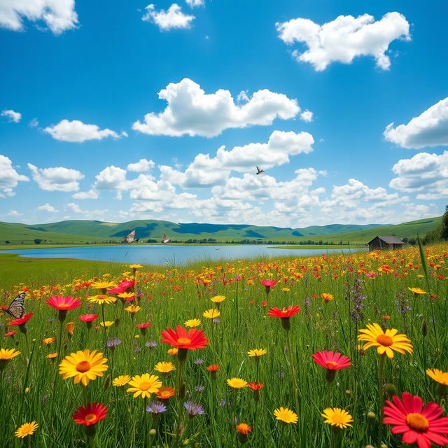 A serene summer landscape featuring a picturesque meadow filled with vibrant wildflowers in shades of red, yellow, and purple, under a clear blue sky scattered with fluffy white clouds