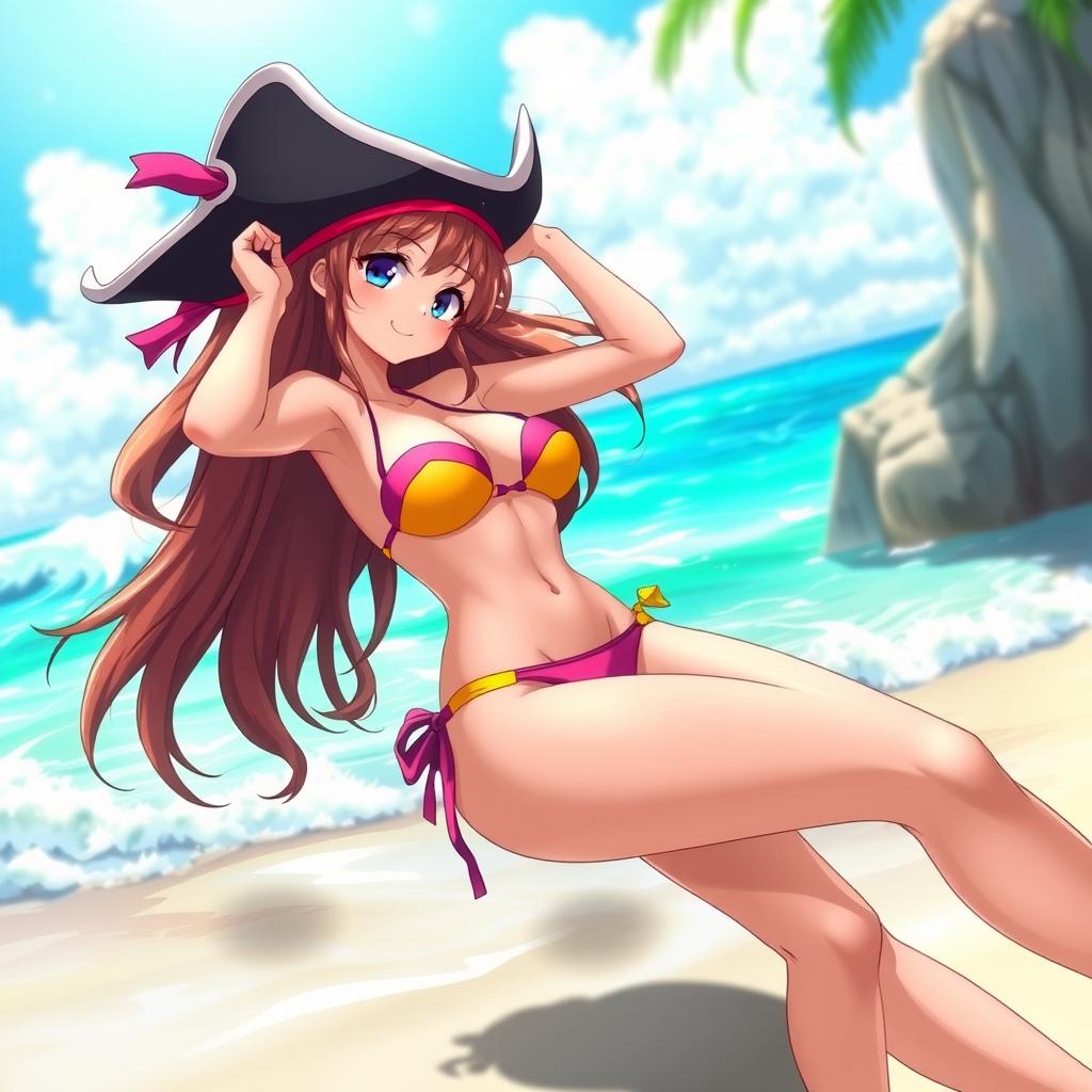 A beautiful anime character resembling a pirate-themed girl, wearing a vibrant bikini that accentuates her curves