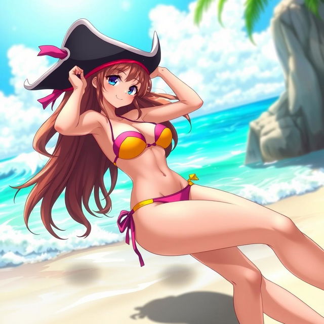 A beautiful anime character resembling a pirate-themed girl, wearing a vibrant bikini that accentuates her curves