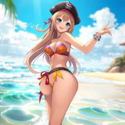 A beautiful anime character resembling a pirate-themed girl, wearing a vibrant bikini that accentuates her curves