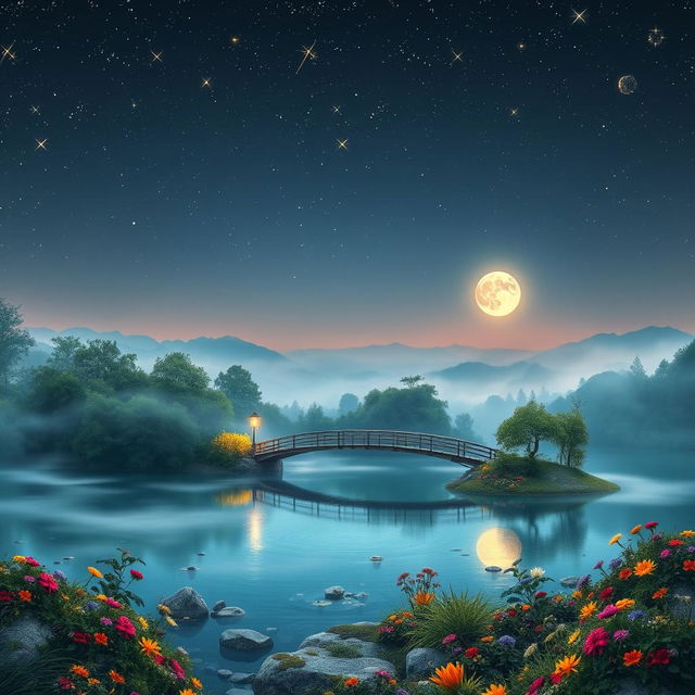 A surreal and whimsical landscape featuring a serene lake under a starry night sky, surrounded by lush green trees and colorful flowers