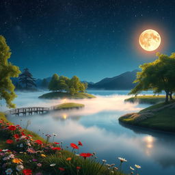 A surreal and whimsical landscape featuring a serene lake under a starry night sky, surrounded by lush green trees and colorful flowers