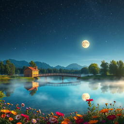 A surreal and whimsical landscape featuring a serene lake under a starry night sky, surrounded by lush green trees and colorful flowers