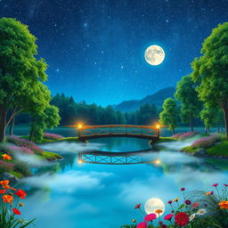 A surreal and whimsical landscape featuring a serene lake under a starry night sky, surrounded by lush green trees and colorful flowers