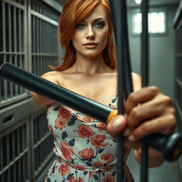 A close-up shot showcasing the chest and torso of a gorgeous female redhead dressed in a floral pattern sundress