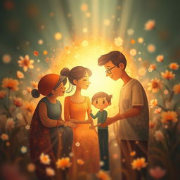 A surreal and artistic interpretation of a family reunion, featuring an abstract representation of familial bonds with warm colors and harmonious shapes