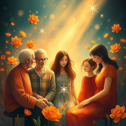 A surreal and artistic interpretation of a family reunion, featuring an abstract representation of familial bonds with warm colors and harmonious shapes