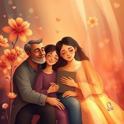 A surreal and artistic interpretation of a family reunion, featuring an abstract representation of familial bonds with warm colors and harmonious shapes