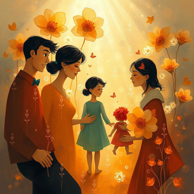 A surreal and artistic interpretation of a family reunion, featuring an abstract representation of familial bonds with warm colors and harmonious shapes